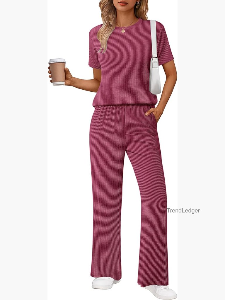 Women's 2 Piece Lounge Set Short Sleeve Wide Leg Pants Pockets